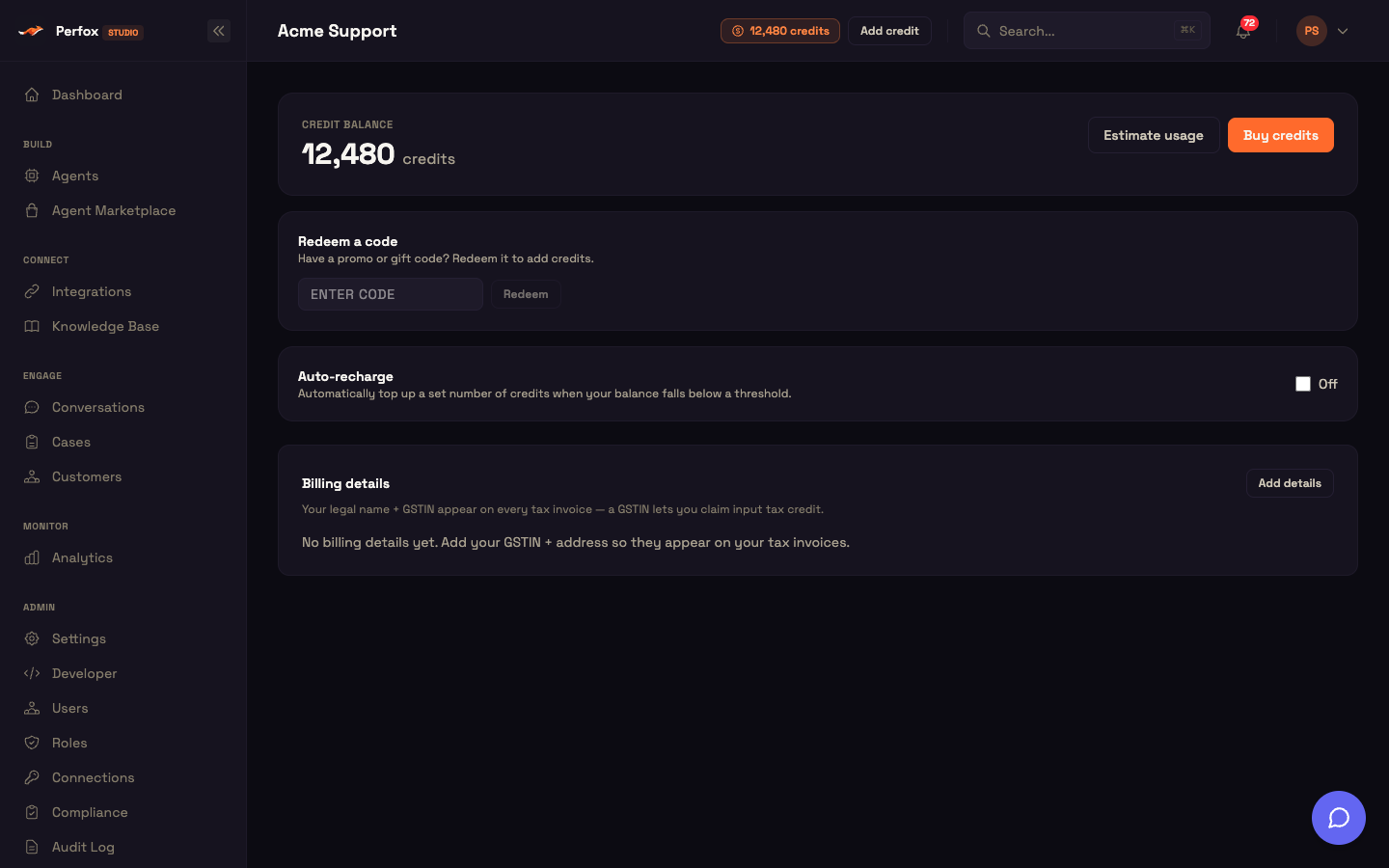 Accounts → Billing: credit balance, redeem a code, auto-recharge and billing details