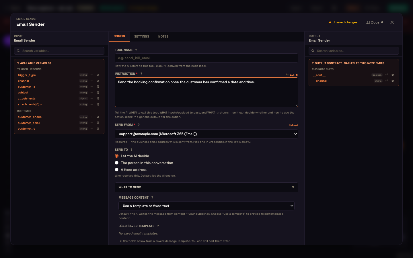The Email Sender panel: Tool Name, Instruction, Send from, Send to, and the "What to send" section set to a template.