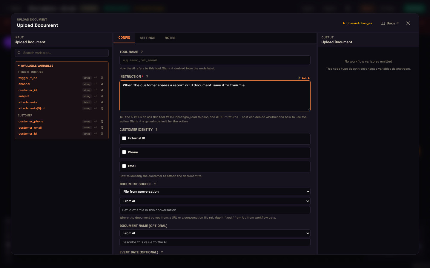 The Upload Document panel: Instruction, Customer Identity, Document source, Document name and Event date.