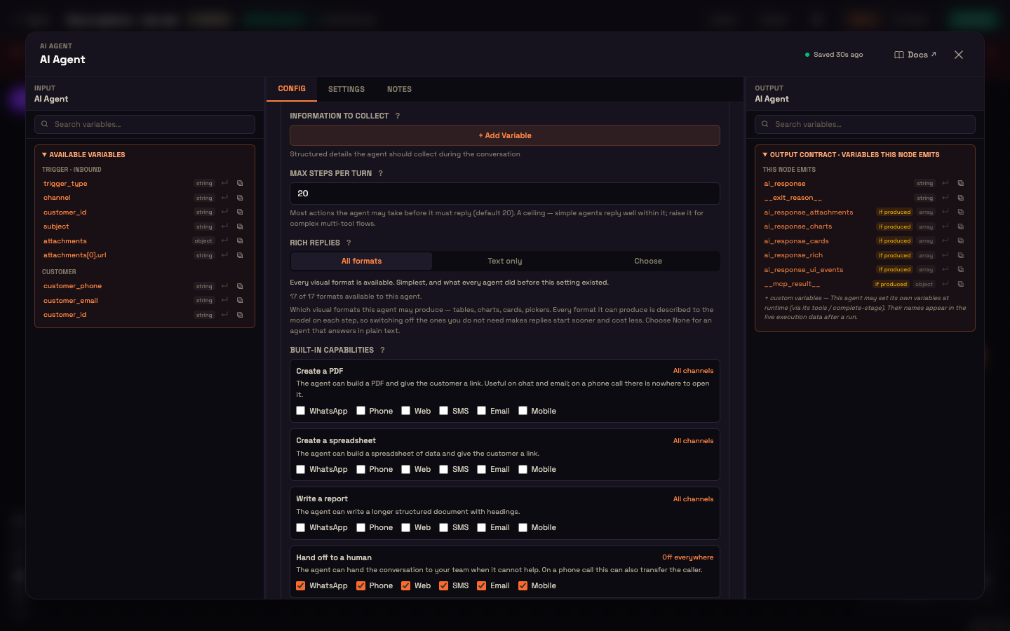 Built-in capabilities on the AI Agent: Create a PDF, Create a spreadsheet, Write a report, and Hand off to a human, each with a checkbox per channel.