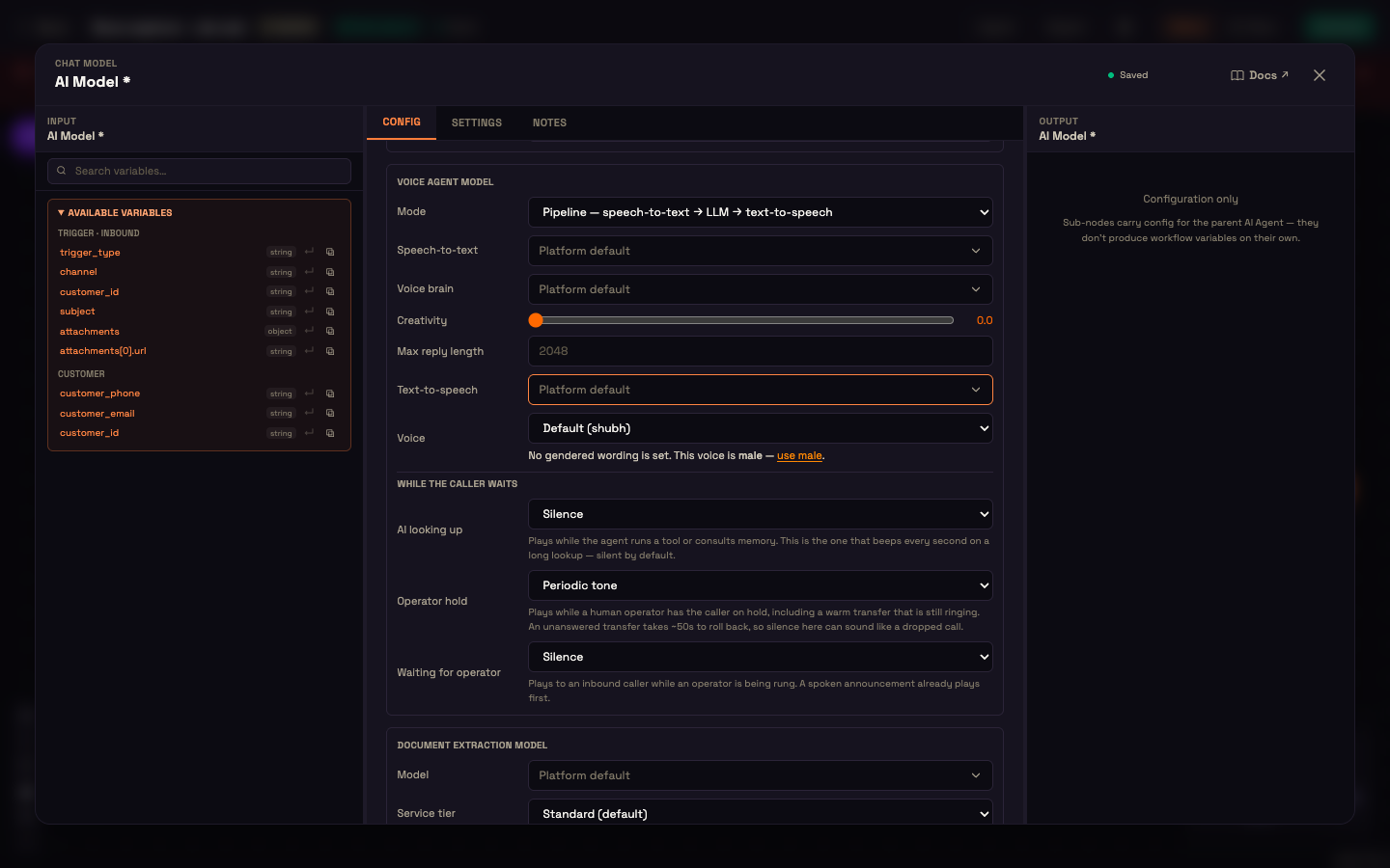 The Voice agent model section in Pipeline mode: Speech-to-text, Voice brain, and Text-to-speech, each with its own model and settings.