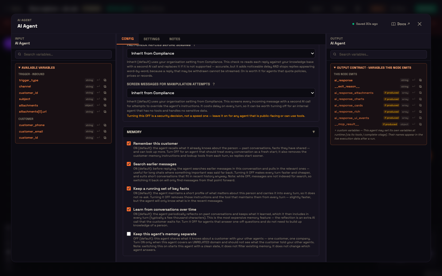 The Memory section of the AI Agent panel, with its five settings.