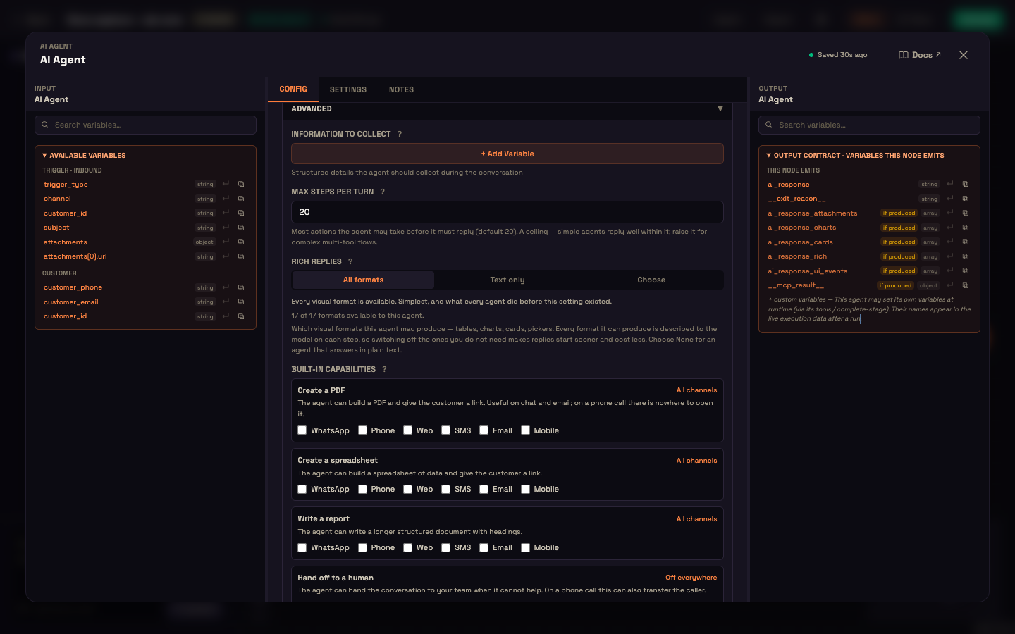 The Advanced section — Information to collect, Max steps per turn, Rich replies, and Built-in capabilities with per-channel checkboxes.