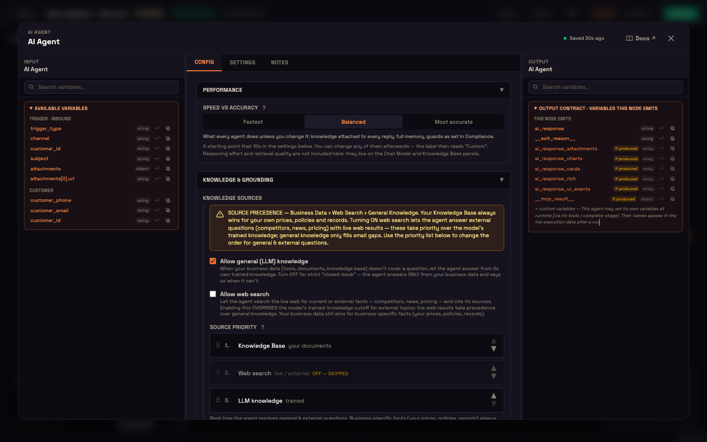 The AI Agent properties modal — Input variables on the left, the Performance and Knowledge & Grounding sections in the centre, and the variables it produces on the right.