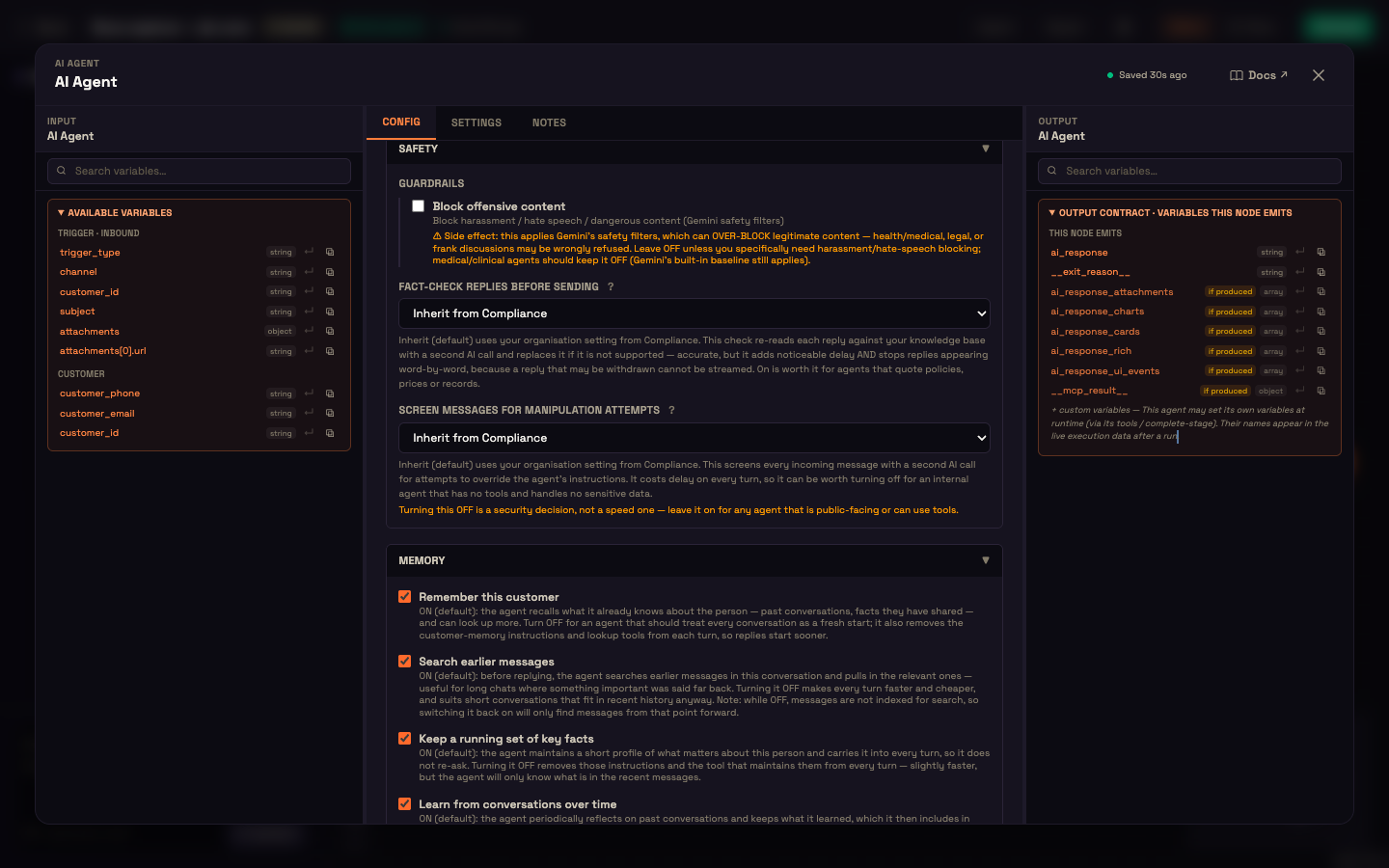 The Safety section — Block offensive content and the two per-agent guard settings — followed by the Memory section.