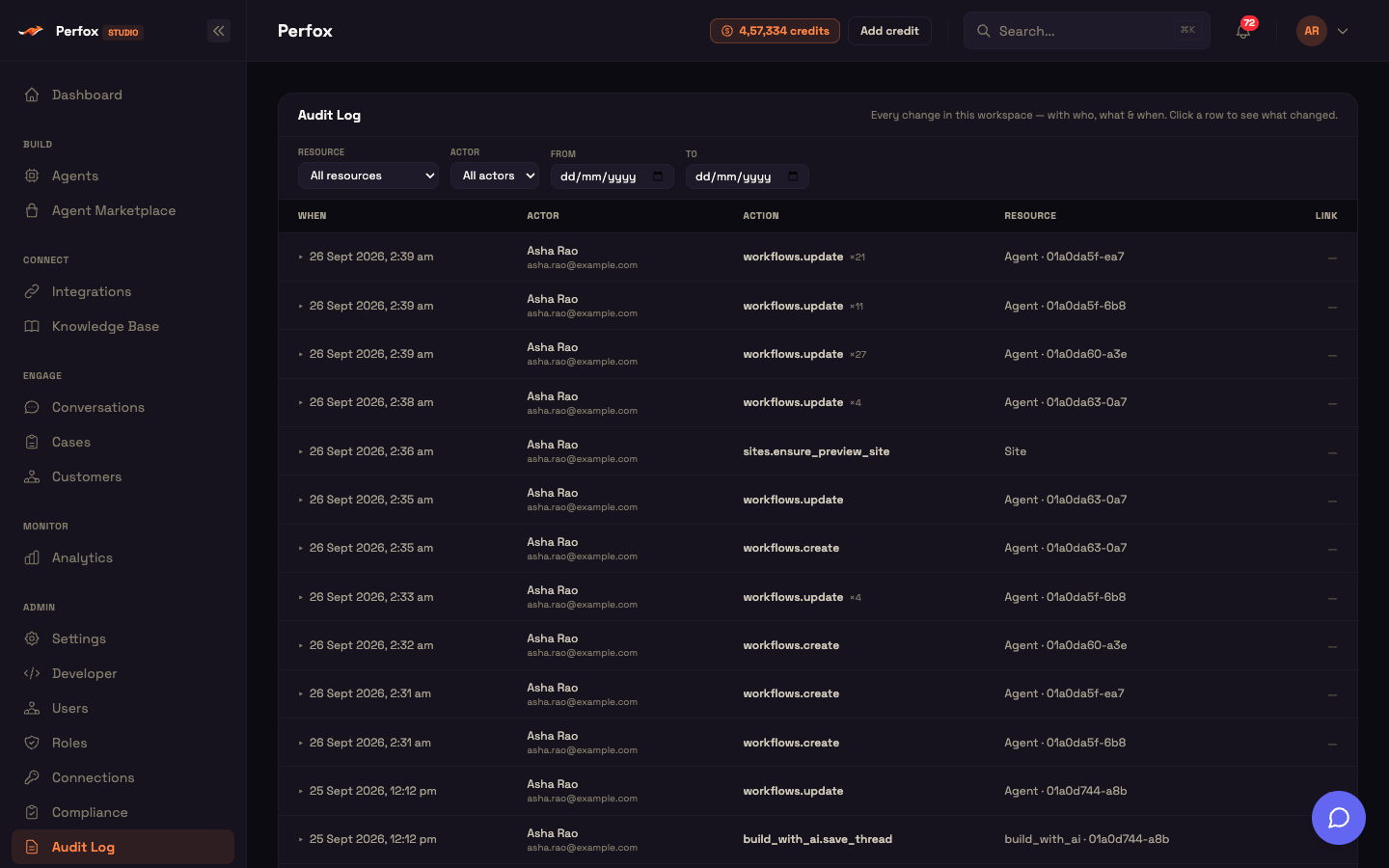 The Audit Log screen in Perfox Studio