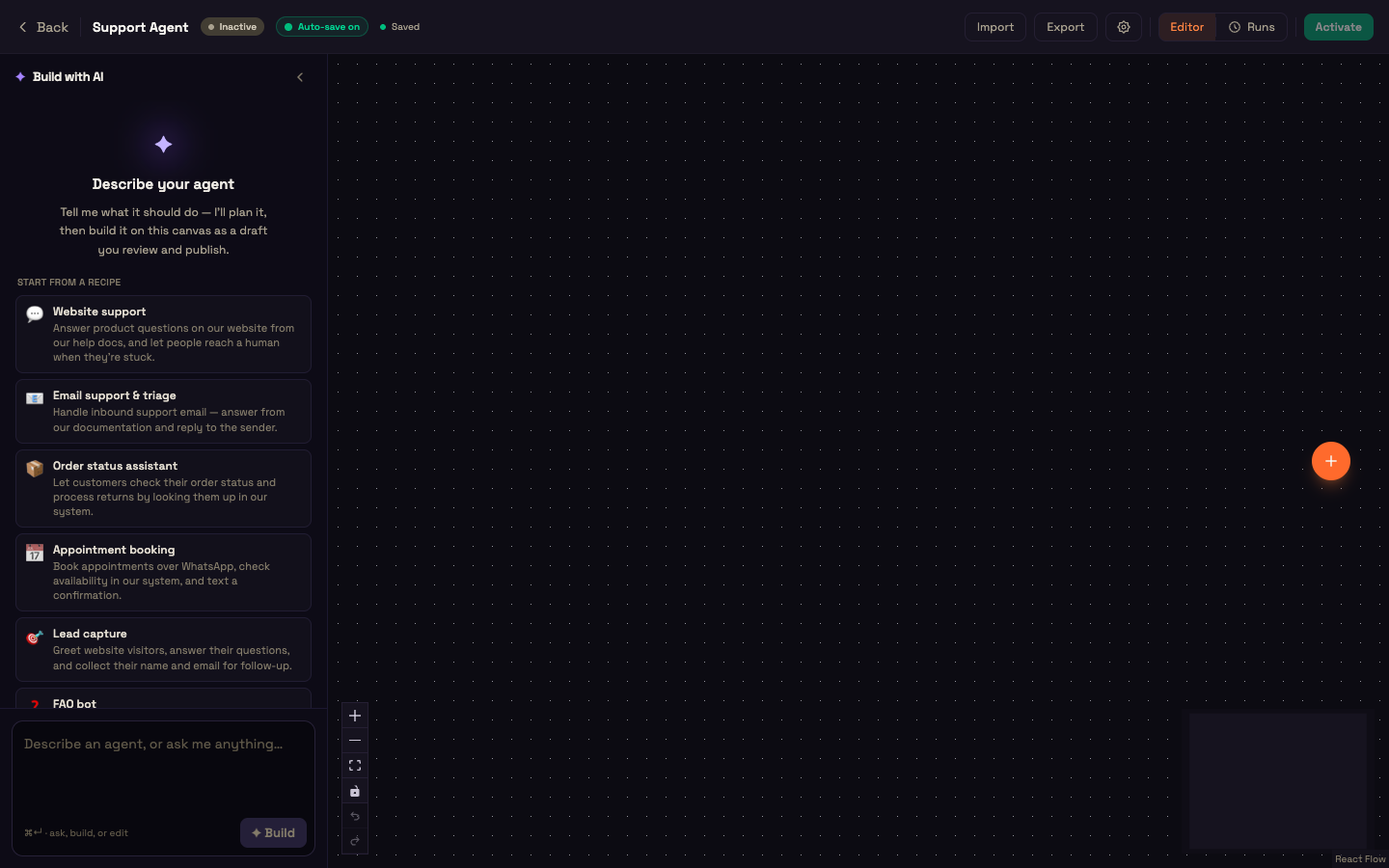 The Build with AI panel on an empty canvas — the Describe your agent prompt and the starter recipes.