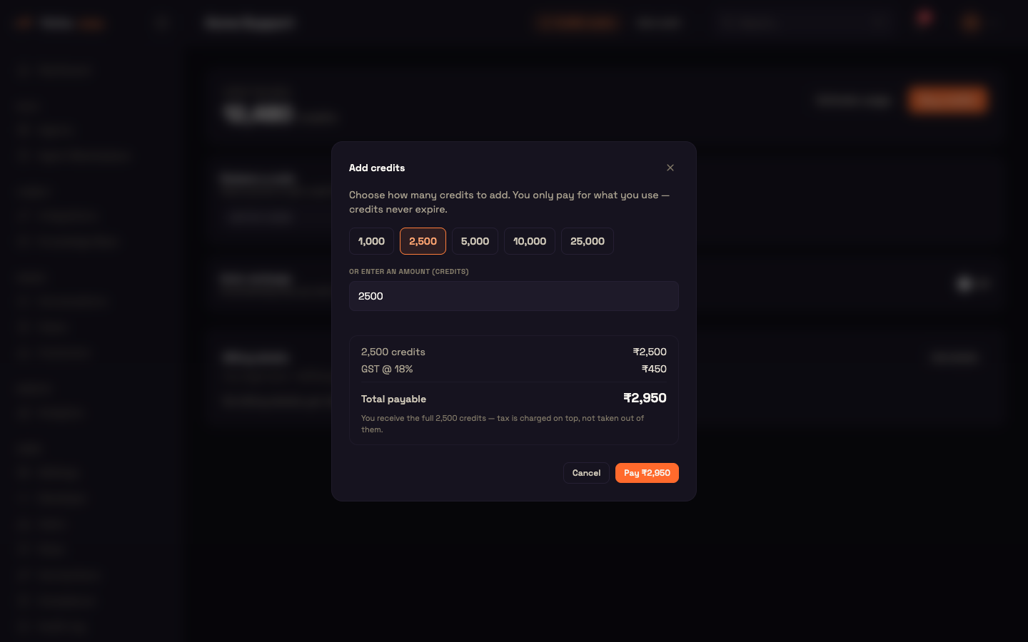 The Add credits dialog — preset amounts, a custom amount, and the price with GST