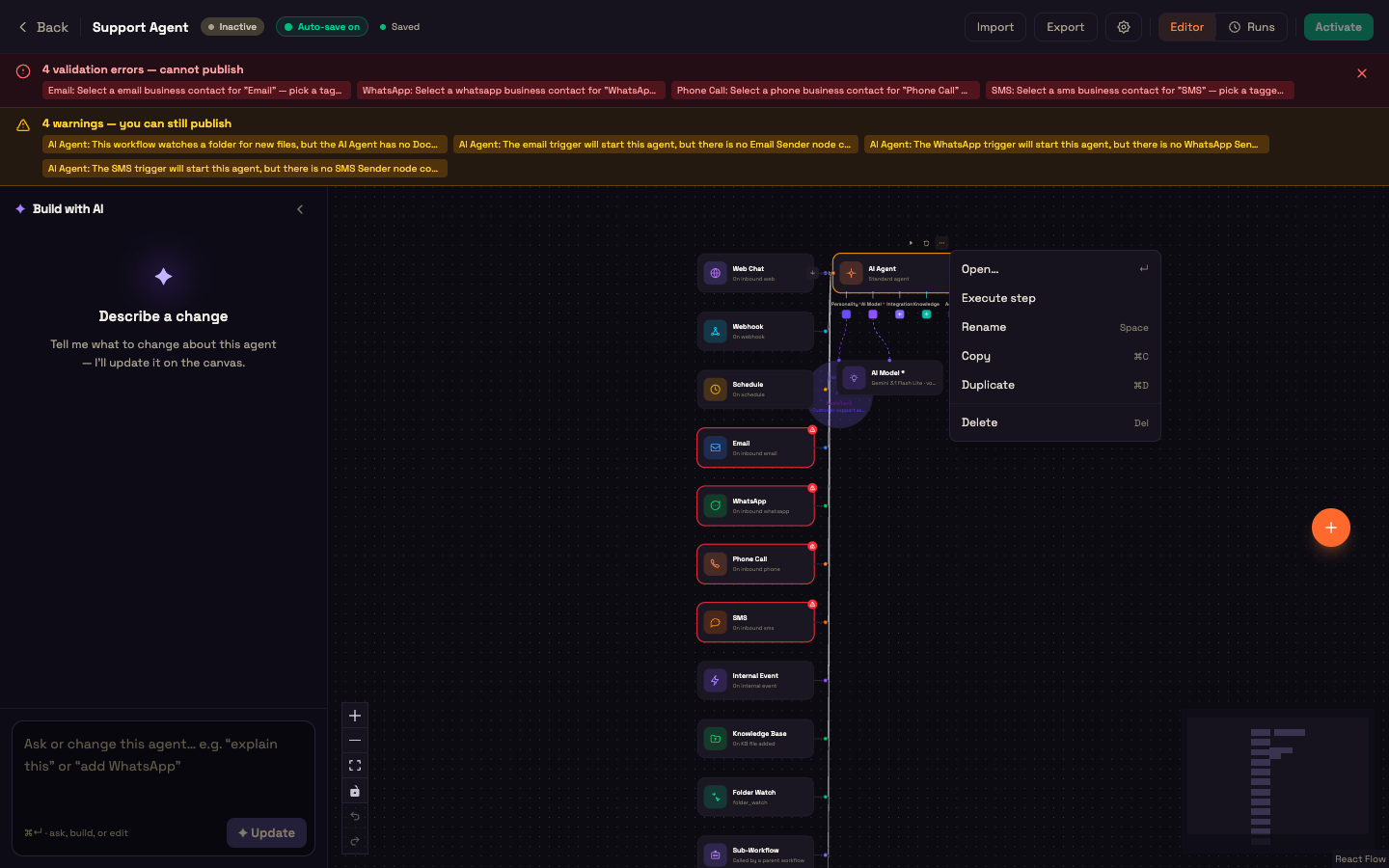 The validation banner with errors and warnings, several triggers wired to one AI Agent, and a node's More actions menu open.