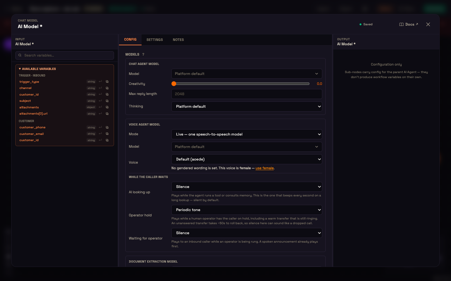The AI Model panel: Chat agent model, Voice agent model (Live mode) with a voice picker, and the "While the caller waits" cues.