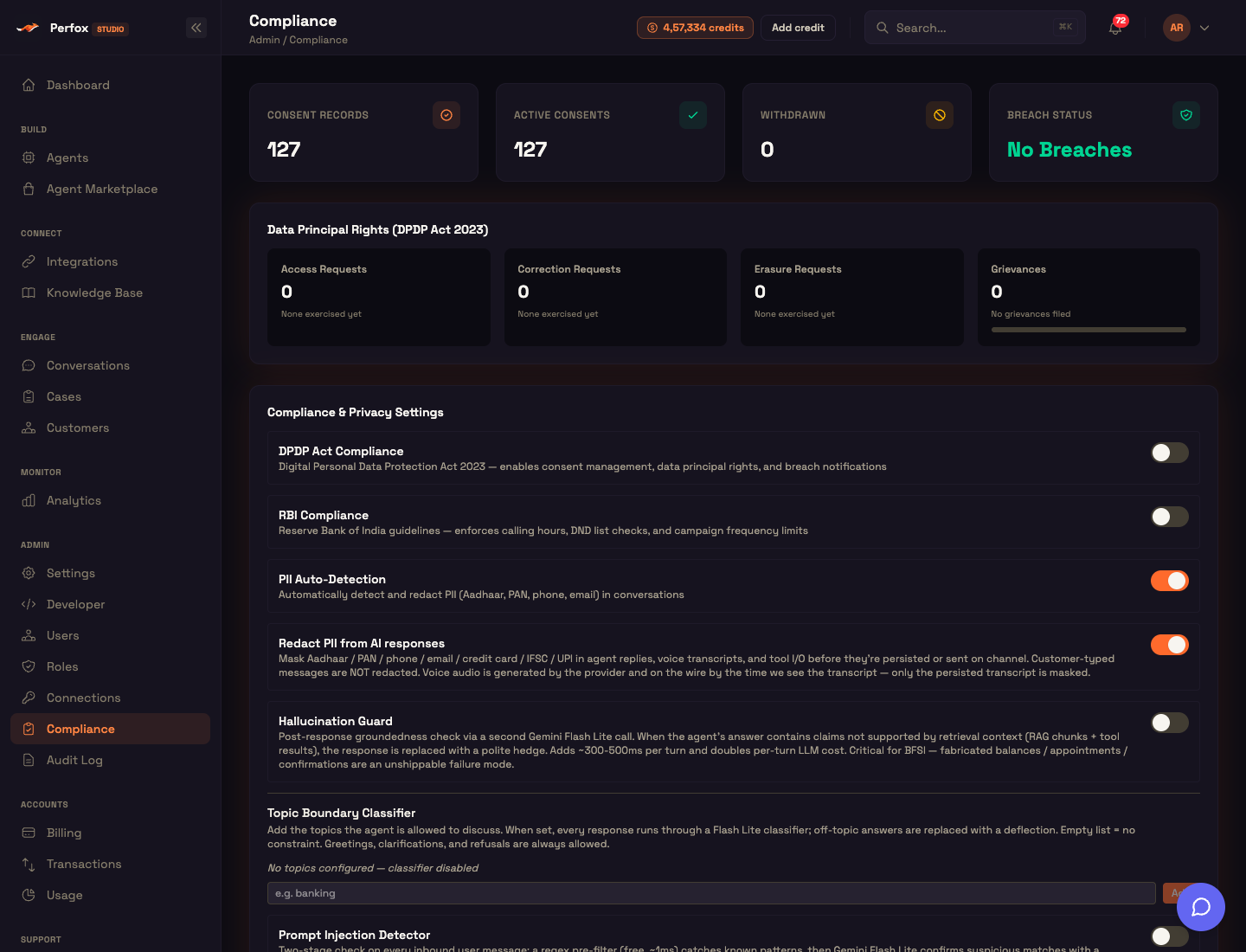 The Compliance page: consent and breach tiles, Data Principal Rights, and the top of the settings editor
