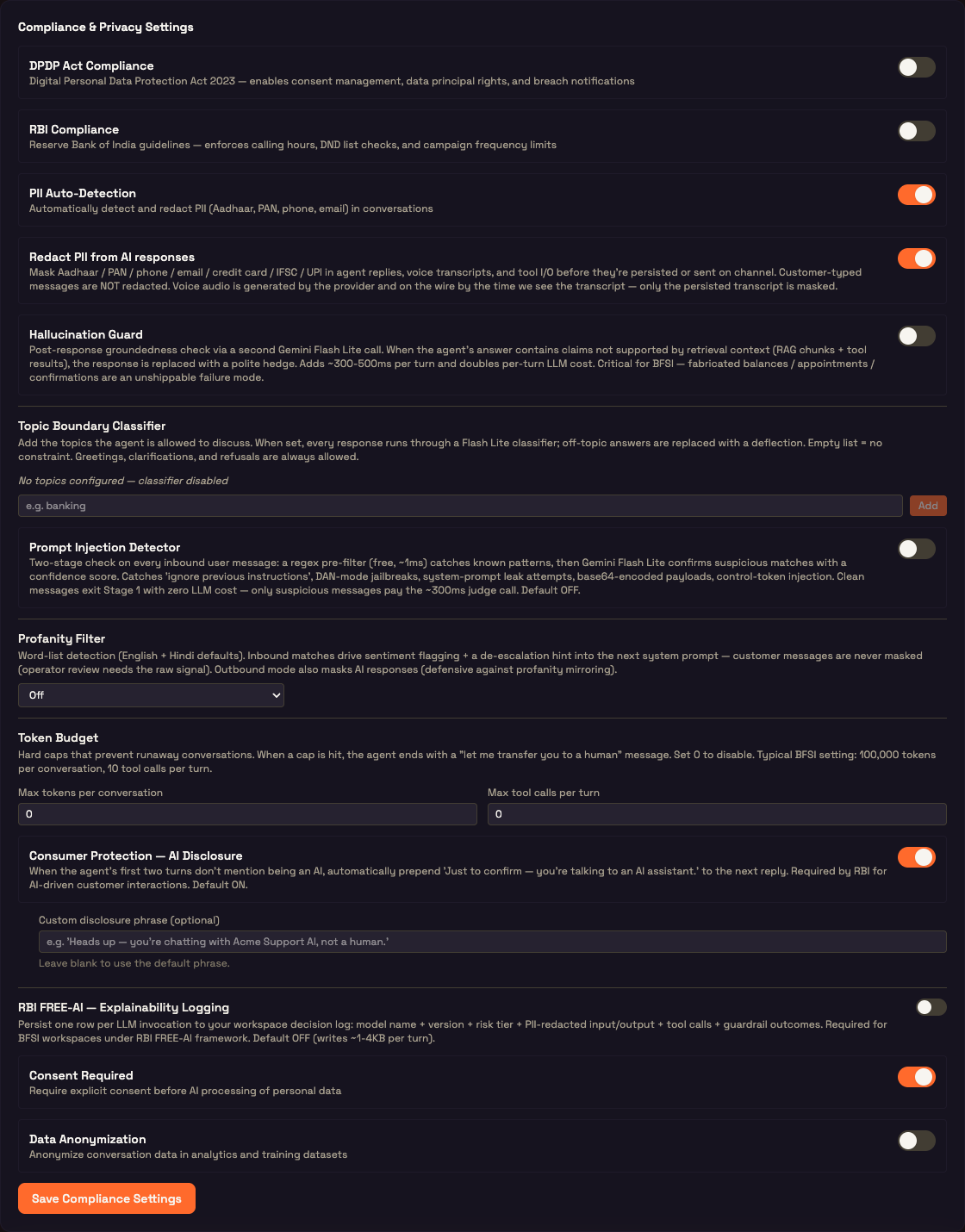 The full Compliance & Privacy Settings editor