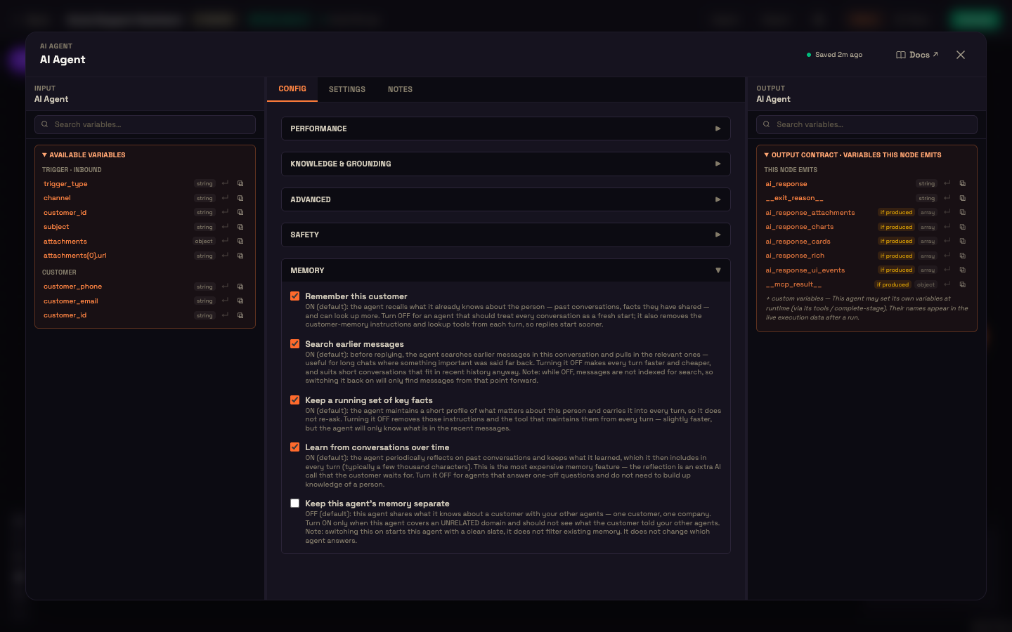 The Memory section of the AI Agent node: five switches that control what the agent remembers.