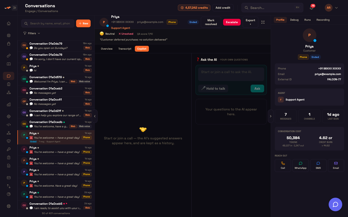 The Copilot view: AI answers on the left, Ask the AI on the right