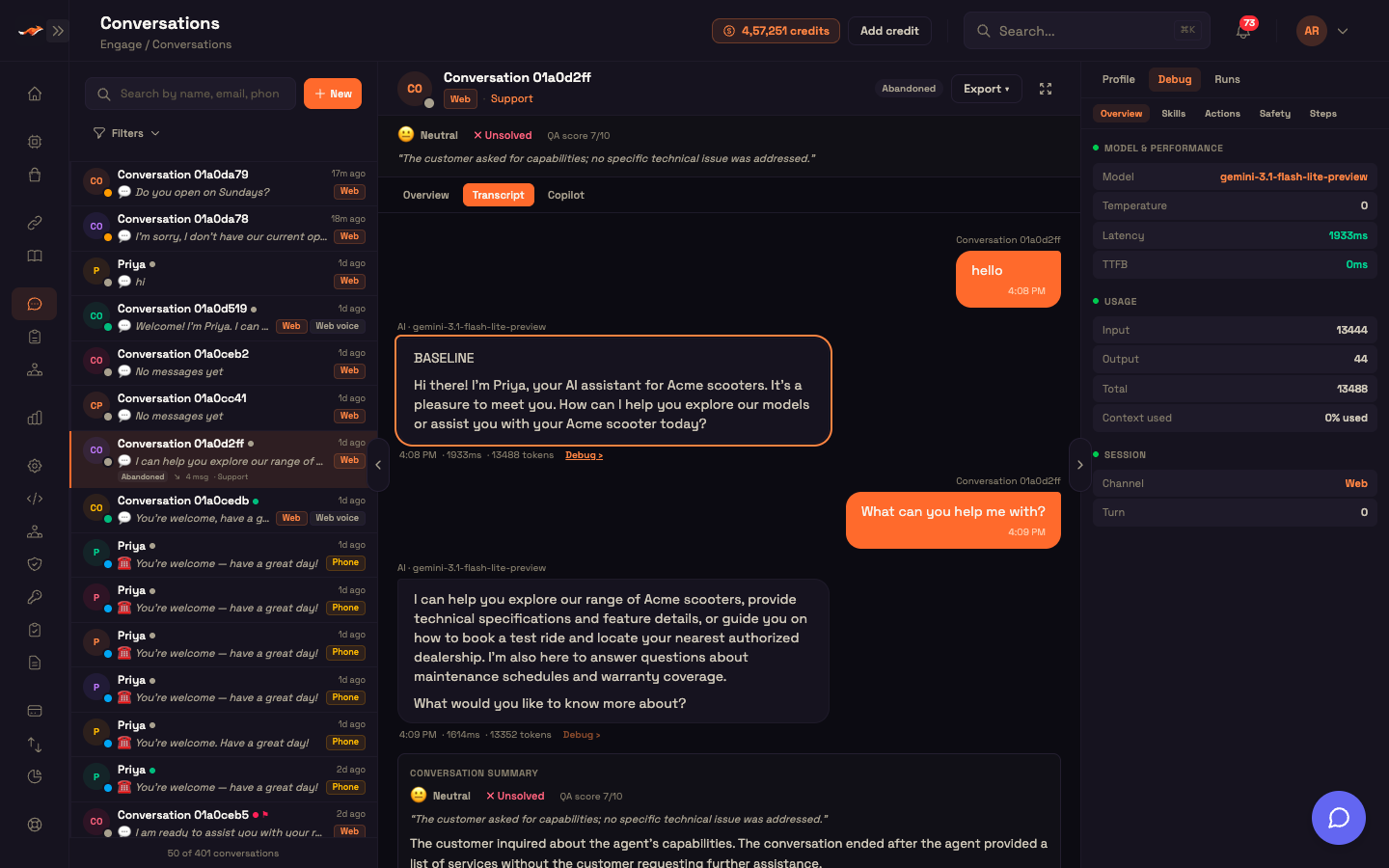 The Debug tab showing the model, latency, and token use for one AI reply