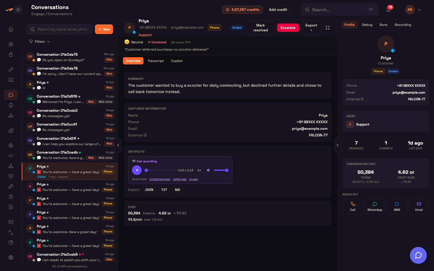 The Conversations workspace: list, conversation, and inspector
