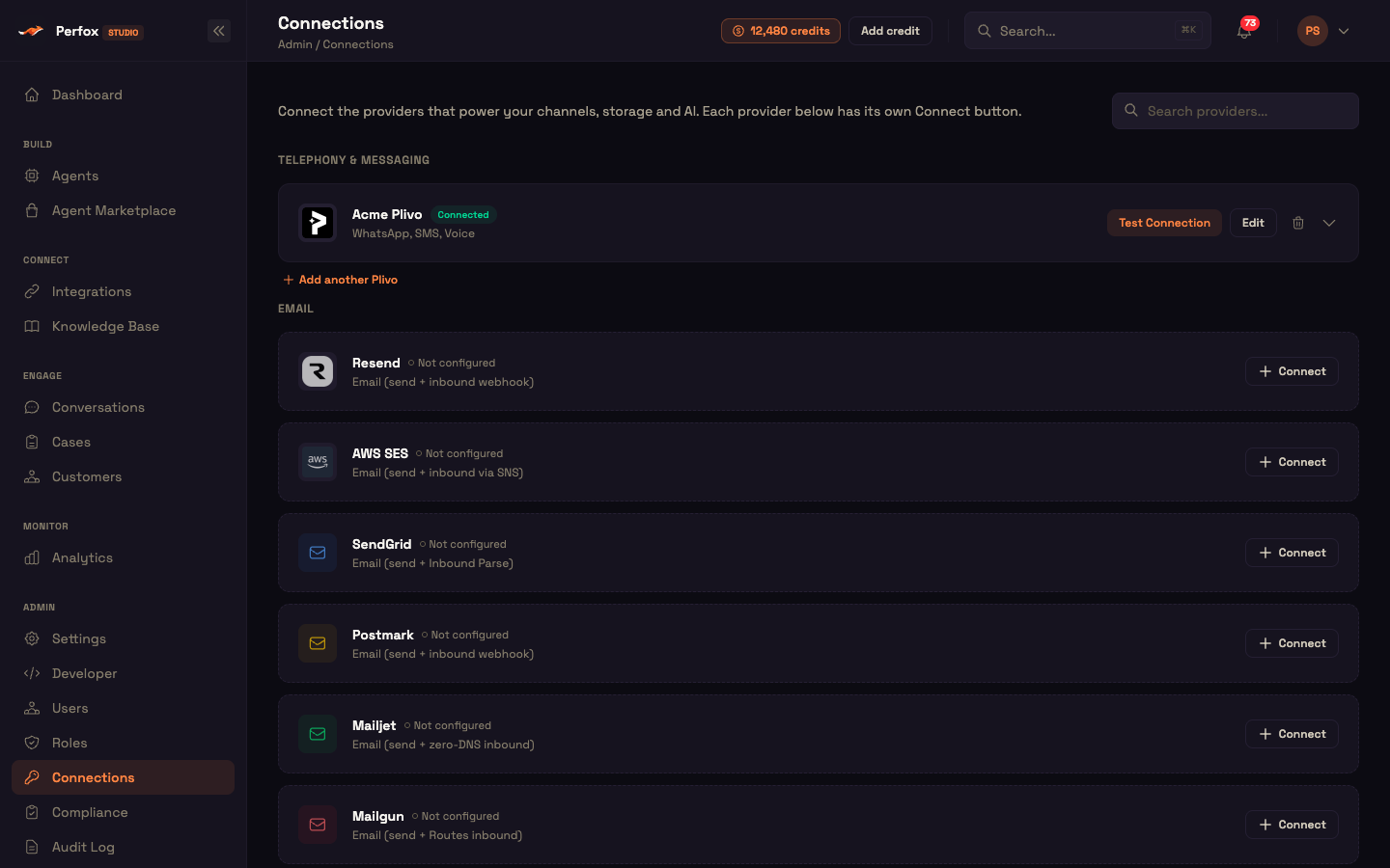 Admin → Connections — every provider has its own slot and Connect button