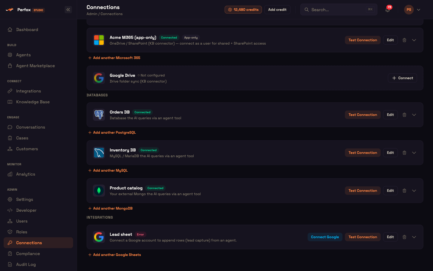 The Database category screen in Perfox Studio, showing PostgreSQL, MySQL and MongoDB connections