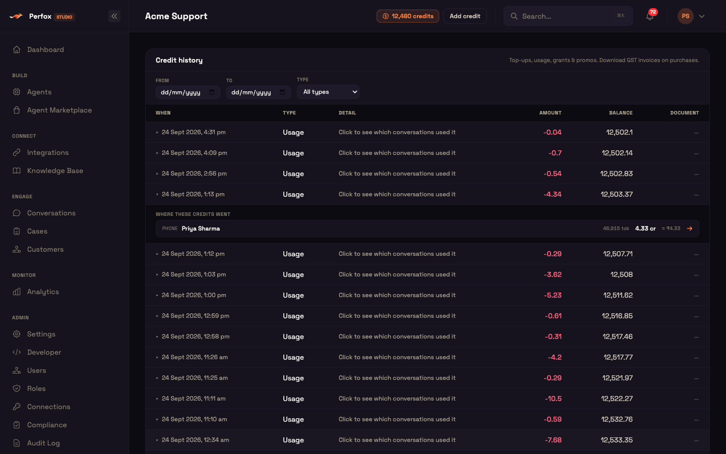 Credit history with a usage row expanded to show which conversation used the credits