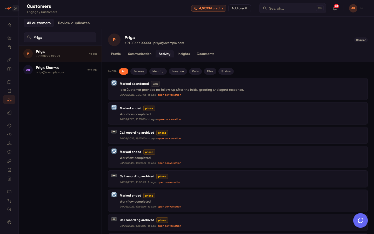 The Activity tab with its event filters