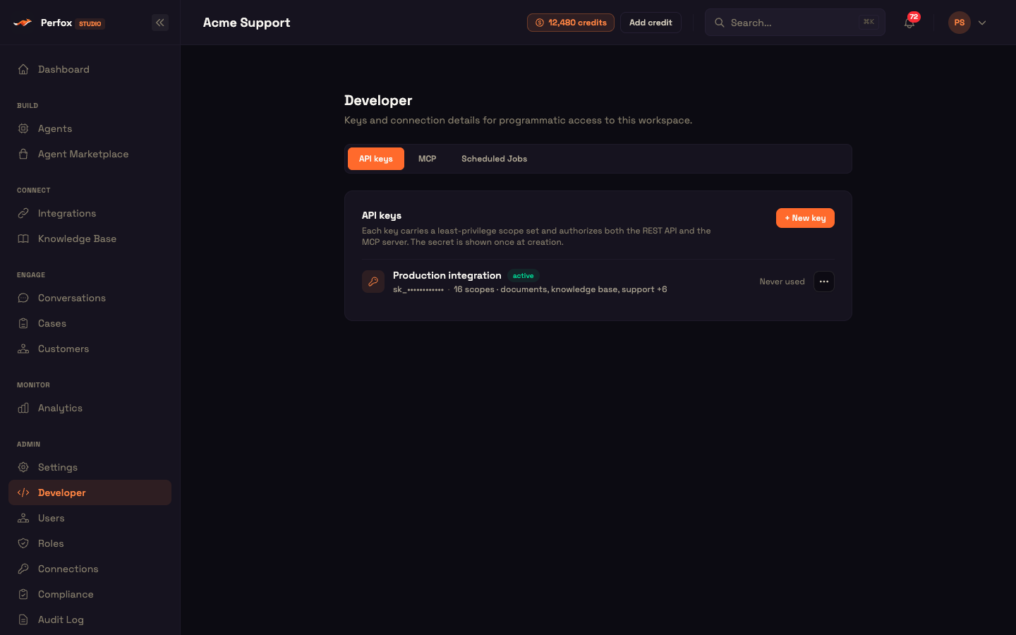 Developer → API keys — scoped keys for the REST API and the MCP server