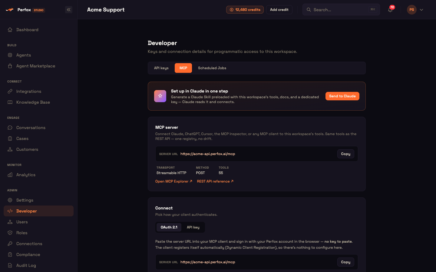 Developer → MCP — server URL, connection options, and Send to Claude