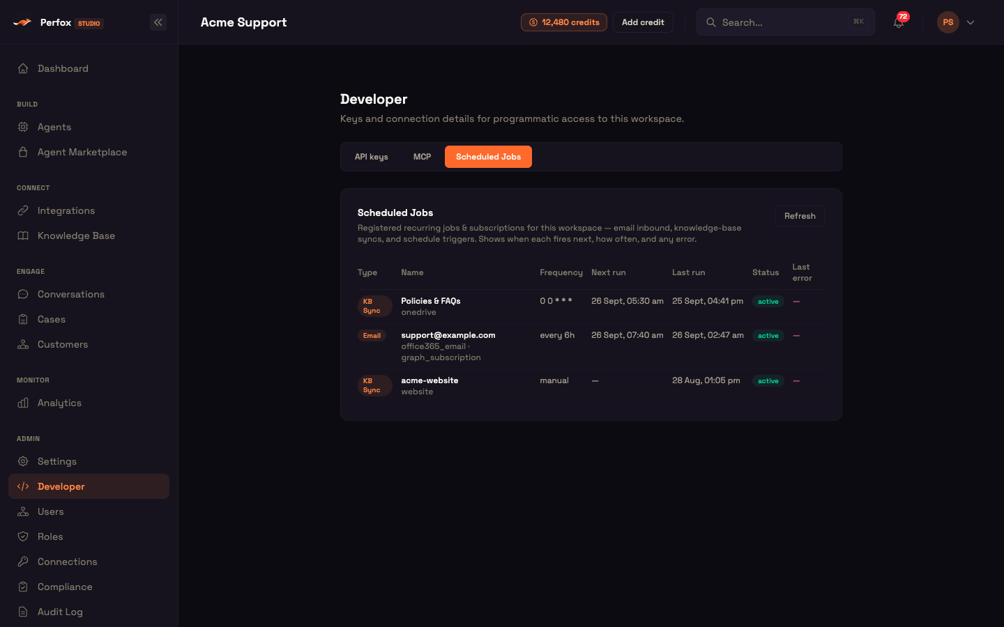Developer → Scheduled Jobs — email inbound, knowledge-base syncs and schedule triggers