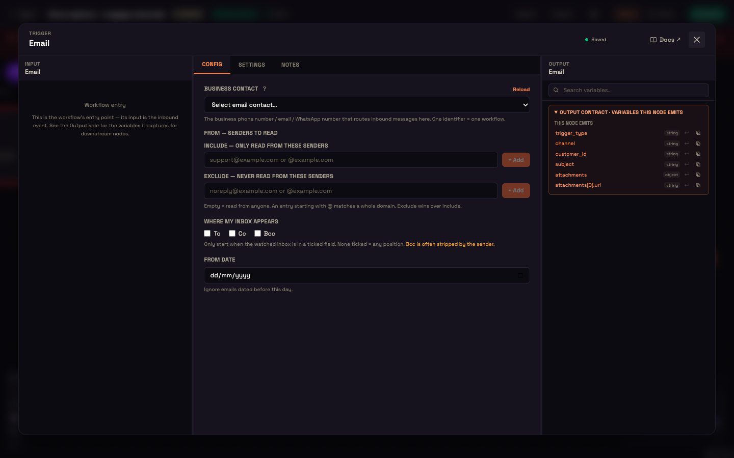 The Email trigger — Business contact, sender Include / Exclude lists, the To / Cc / Bcc position checkboxes and From date.