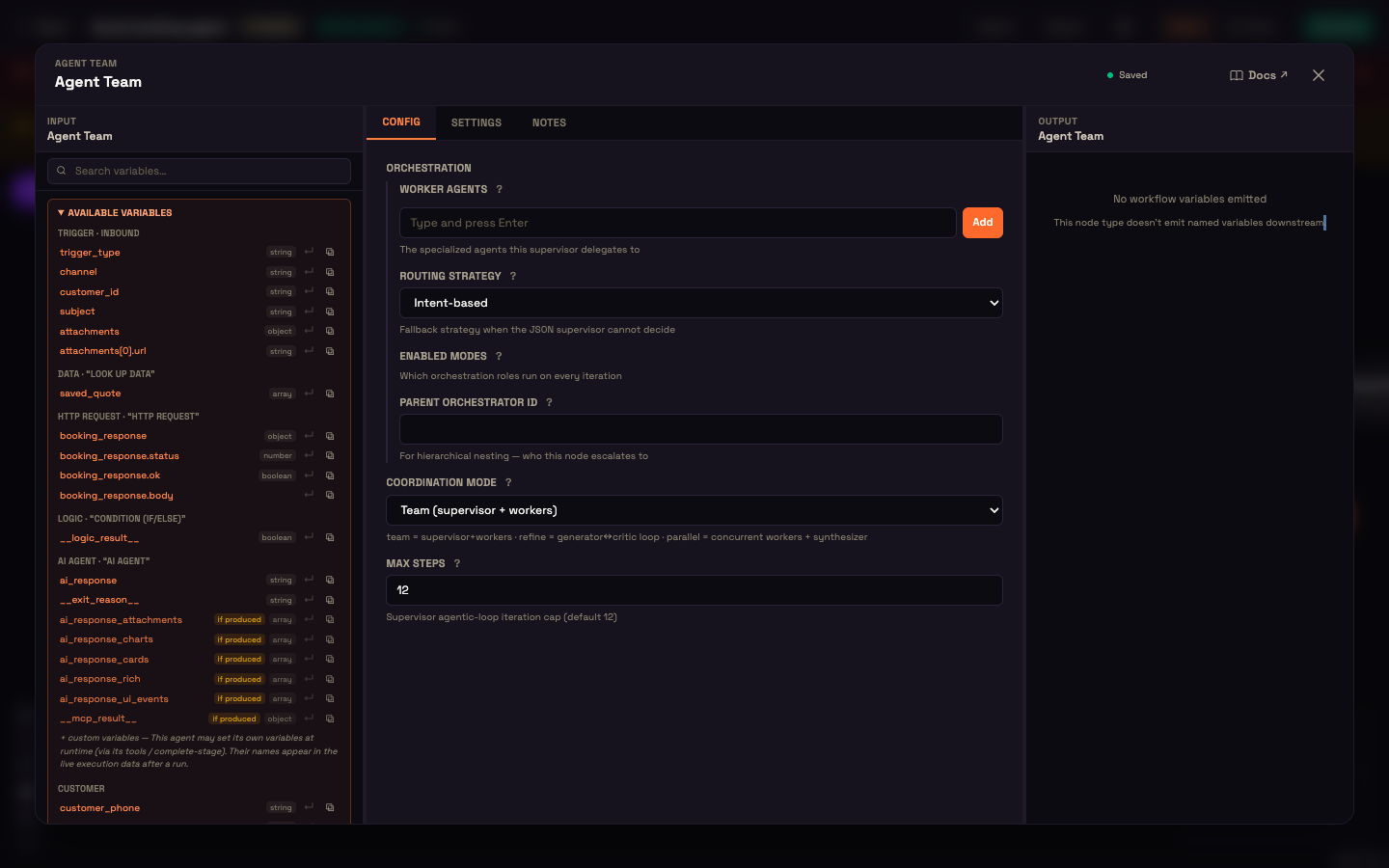 The Agent Team panel with Coordination Mode set to Team and Max Steps 12.