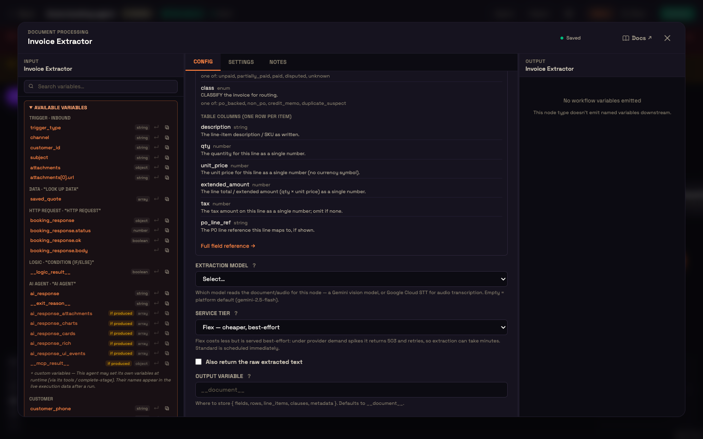 The lower part of the panel: Extraction Model, Service Tier, Also return the raw extracted text, and Output Variable.