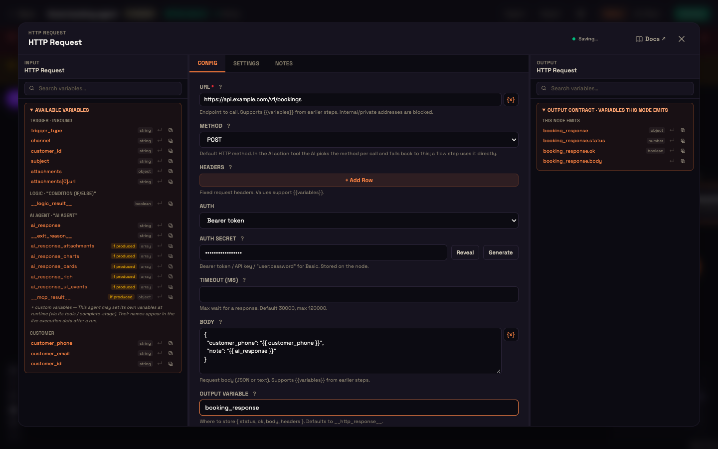 The HTTP Request panel: URL, Method POST, Auth Bearer token, a JSON body using variables, and Output Variable booking_response.