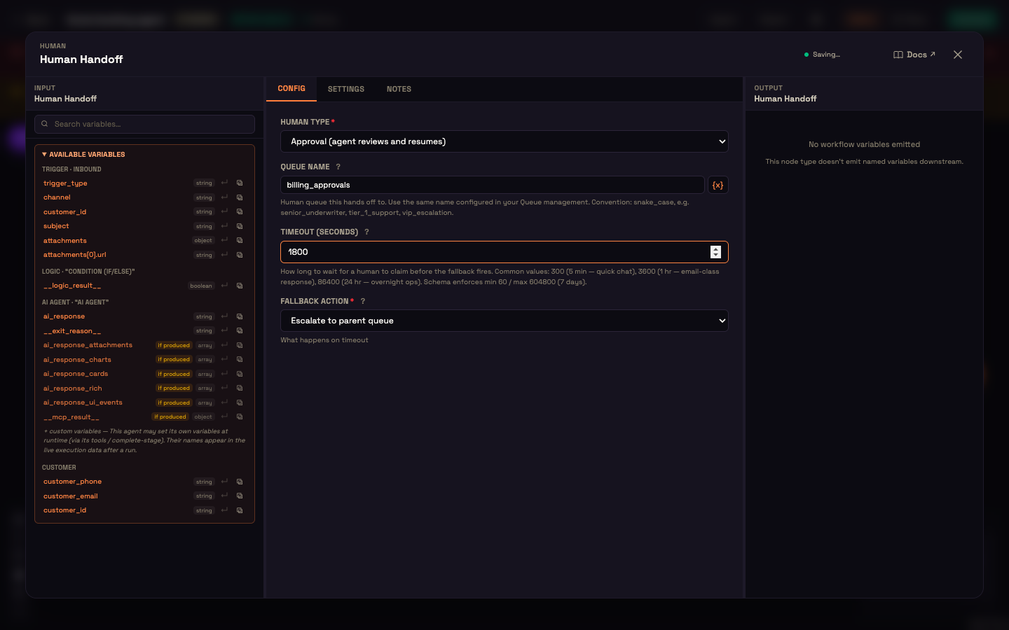 The Human Handoff panel: Human Type set to Approval, Queue Name billing_approvals, Timeout 1800 seconds, Fallback Action Escalate to parent queue.