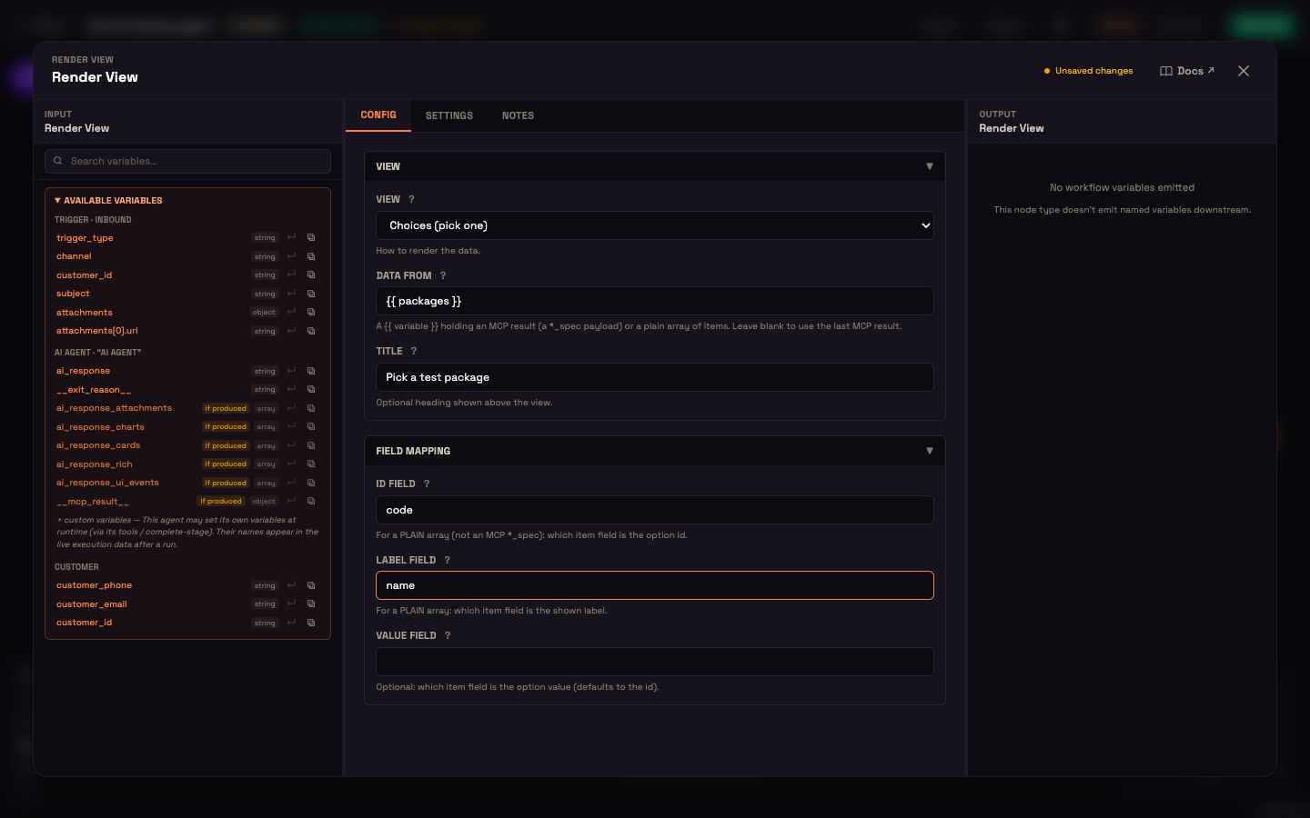 The Render View panel: View Choices, Data from packages, Title, and the field mapping code and name.