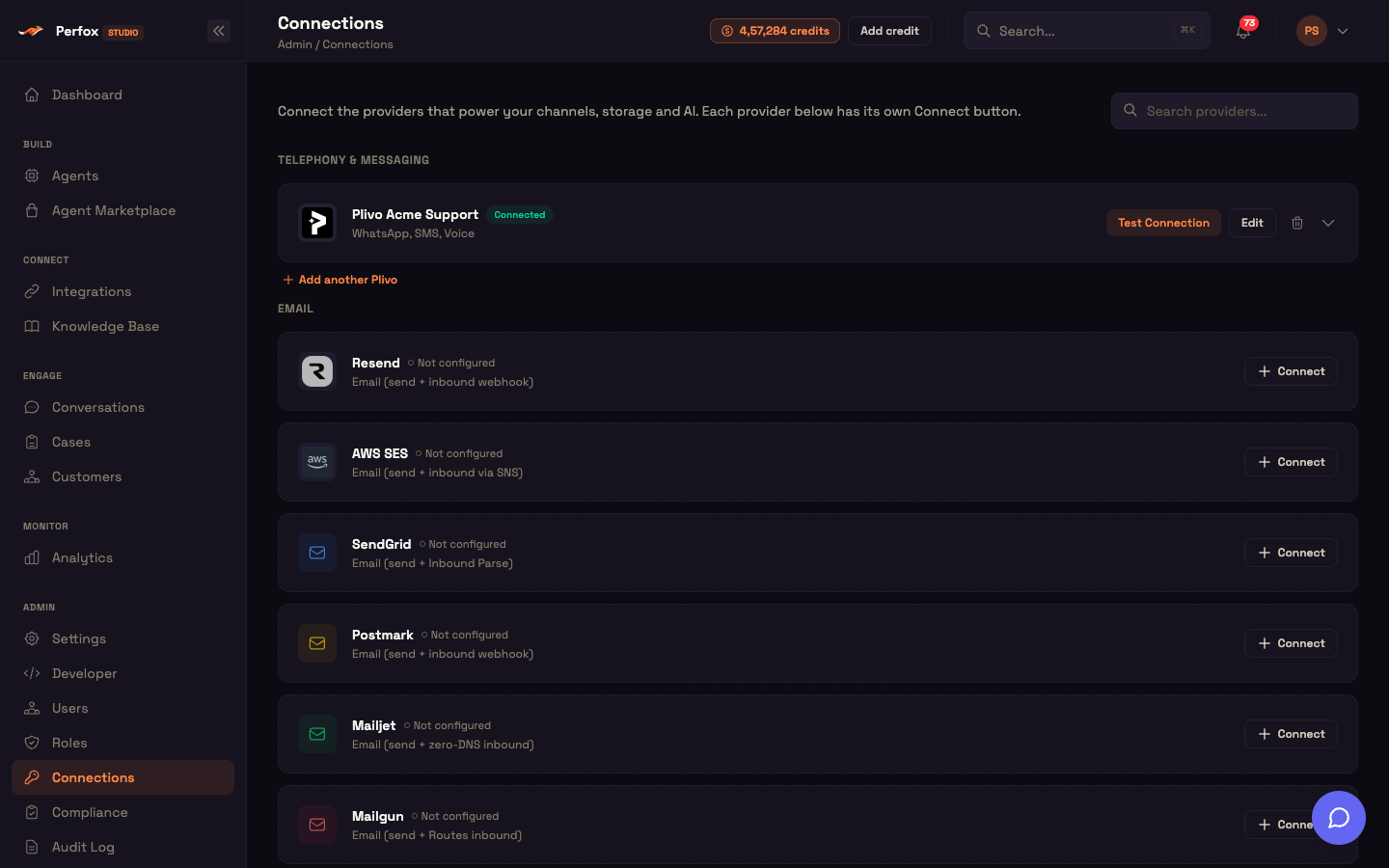 The Connections page: providers grouped by category, each with its own Connect button, and a Test Connection button on connected ones.