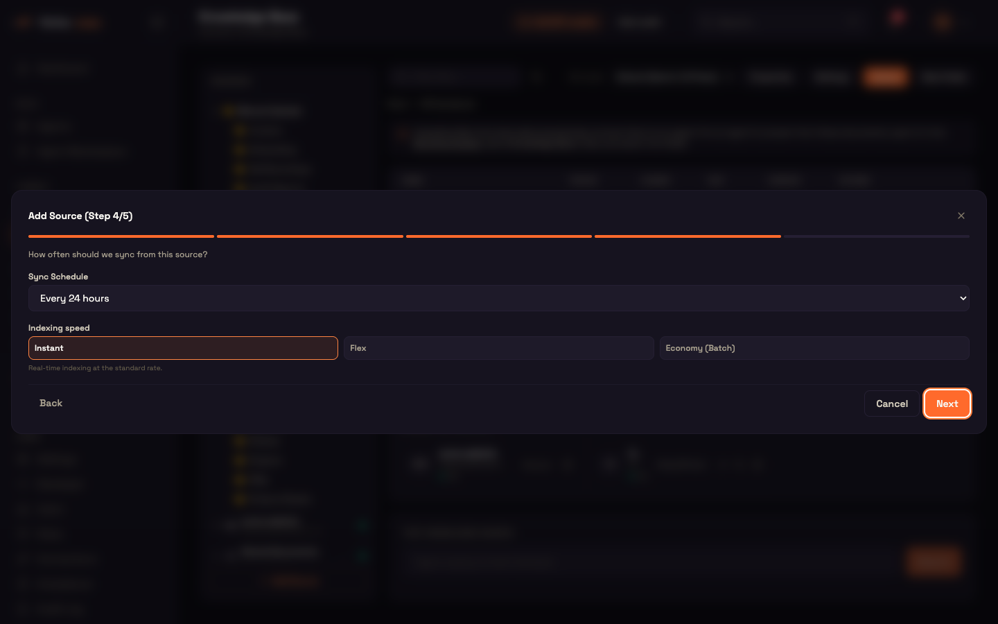 Add Source, step 4 — schedule and indexing speed