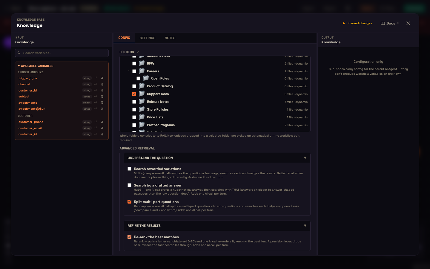 The Knowledge sub-node — folder picker and advanced retrieval toggles