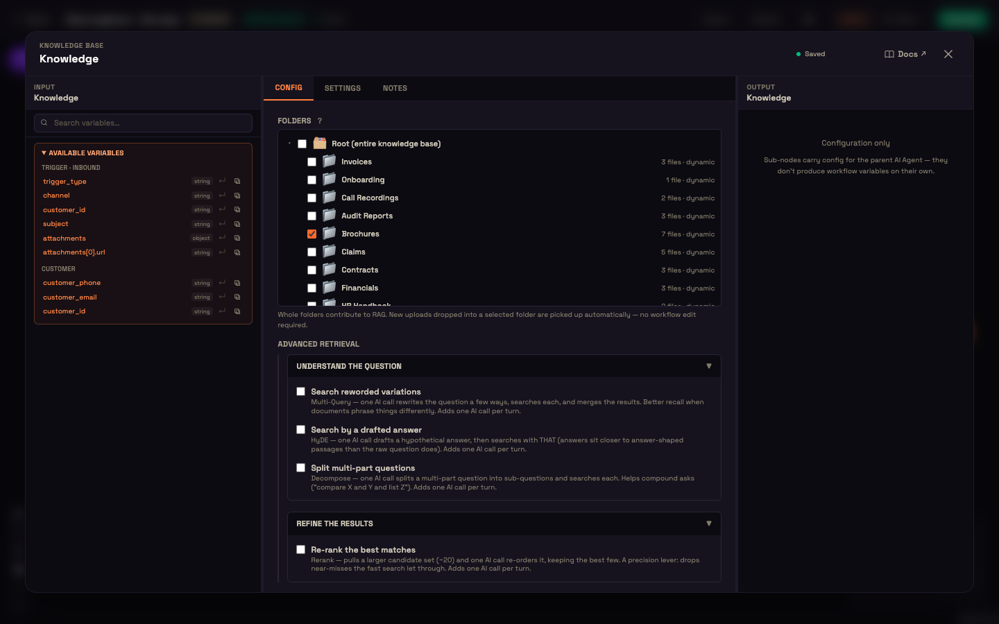 The Knowledge node's settings — the Folders tree and Advanced retrieval