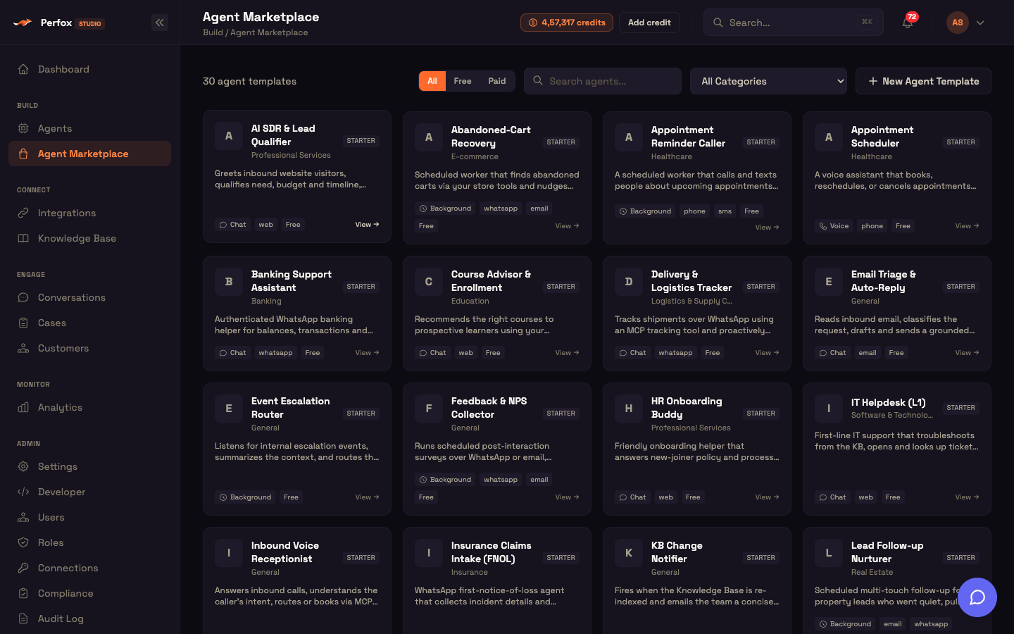 The Agent Marketplace gallery — template cards with category, description, Chat / Voice / Background, channels and price, plus the Free / Paid filter, search and category menu.