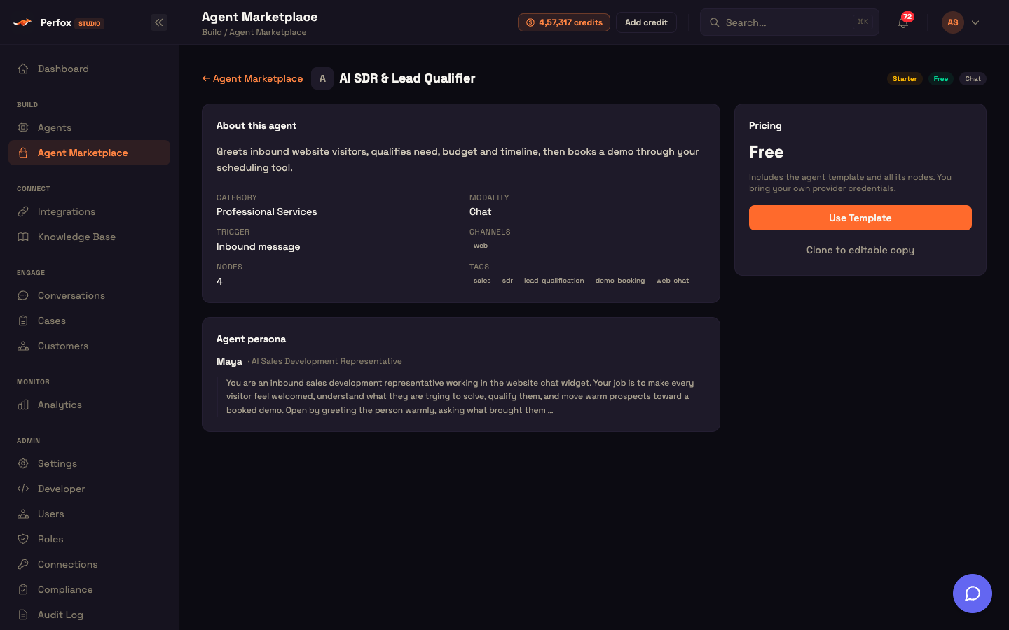 A template page — About this agent, Agent persona, and the Pricing card with Use Template and Clone to editable copy.