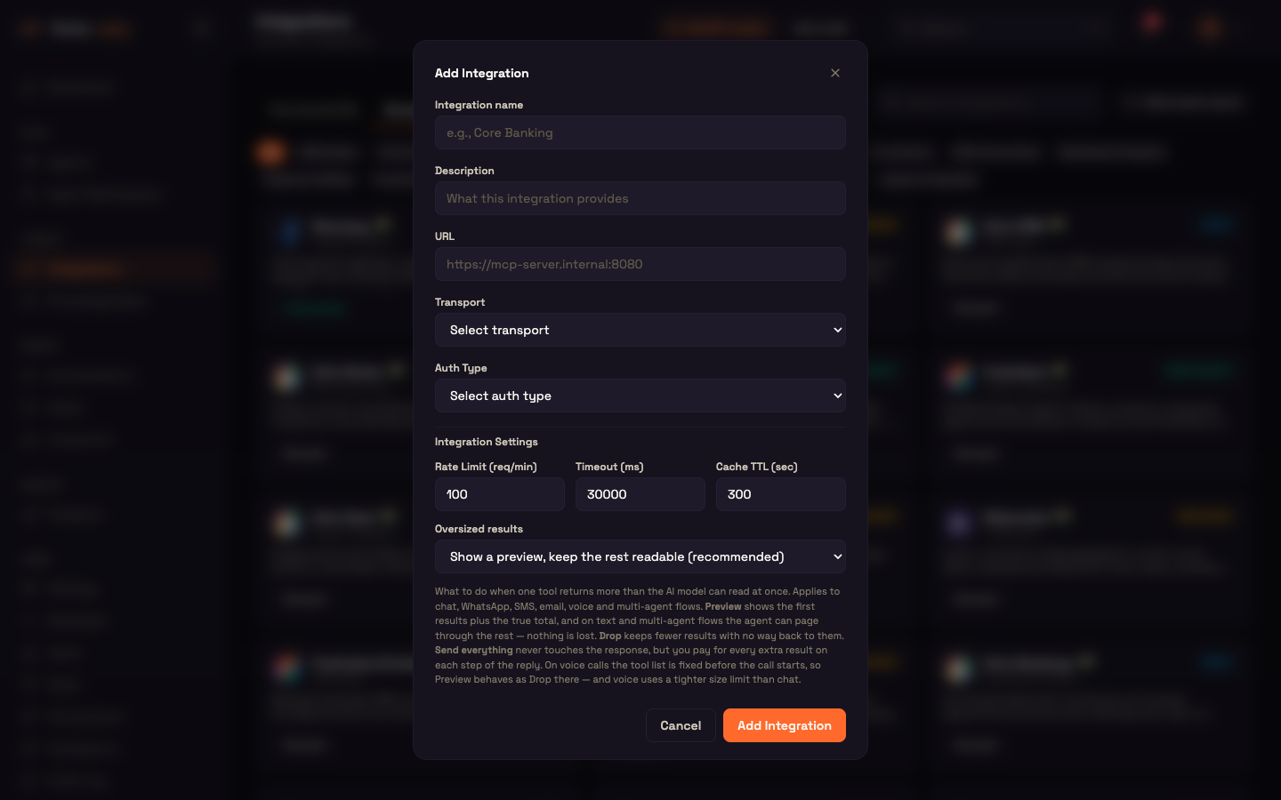 Add Integration — connect your own MCP server