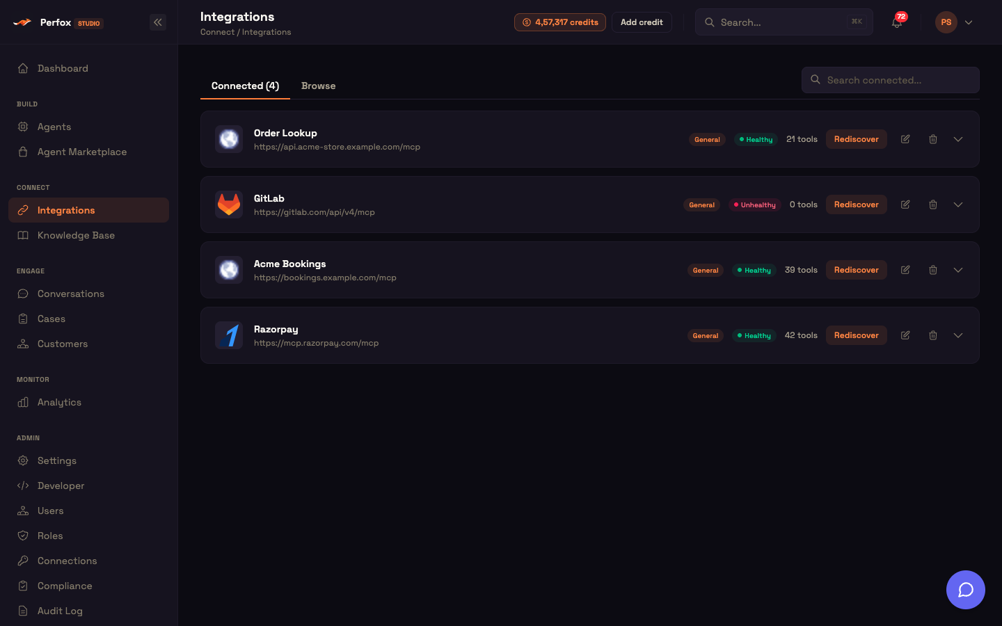 The Integrations page — the Connected tab
