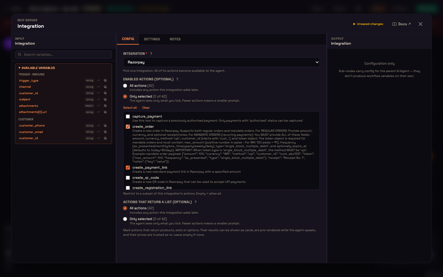 The Integration sub-node: pick your server, then allow all of its tools or only the ones you tick.