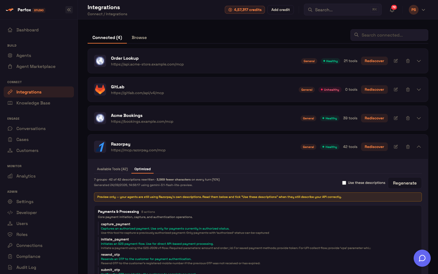 The Optimized tab — grouped, rewritten tool descriptions