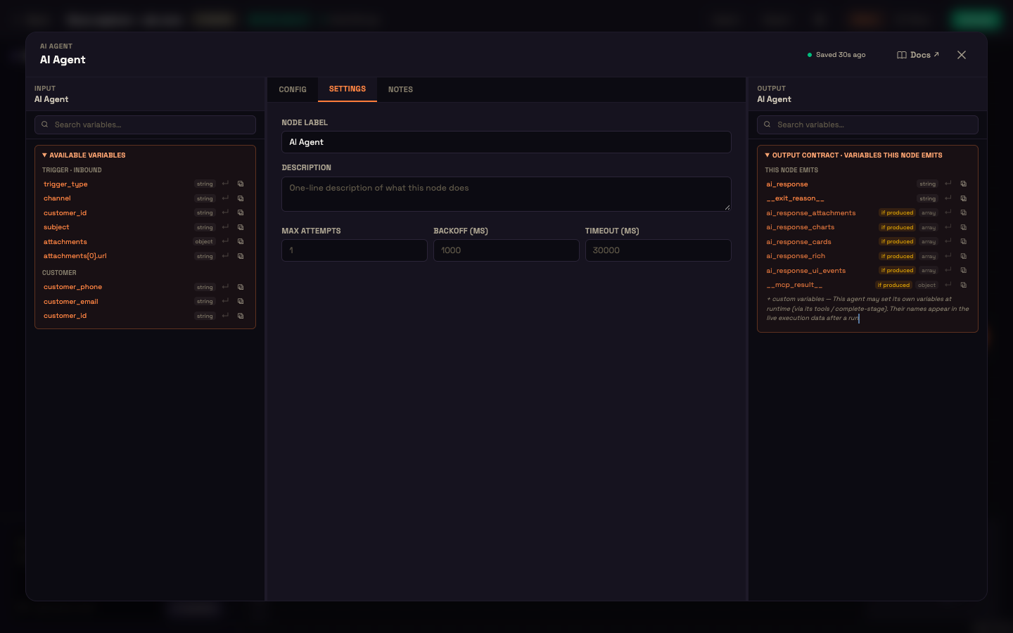 A node properties modal on its Settings tab — Input variables on the left, Node Label, Description, Max Attempts, Backoff and Timeout in the centre, and the node's output variables on the right.