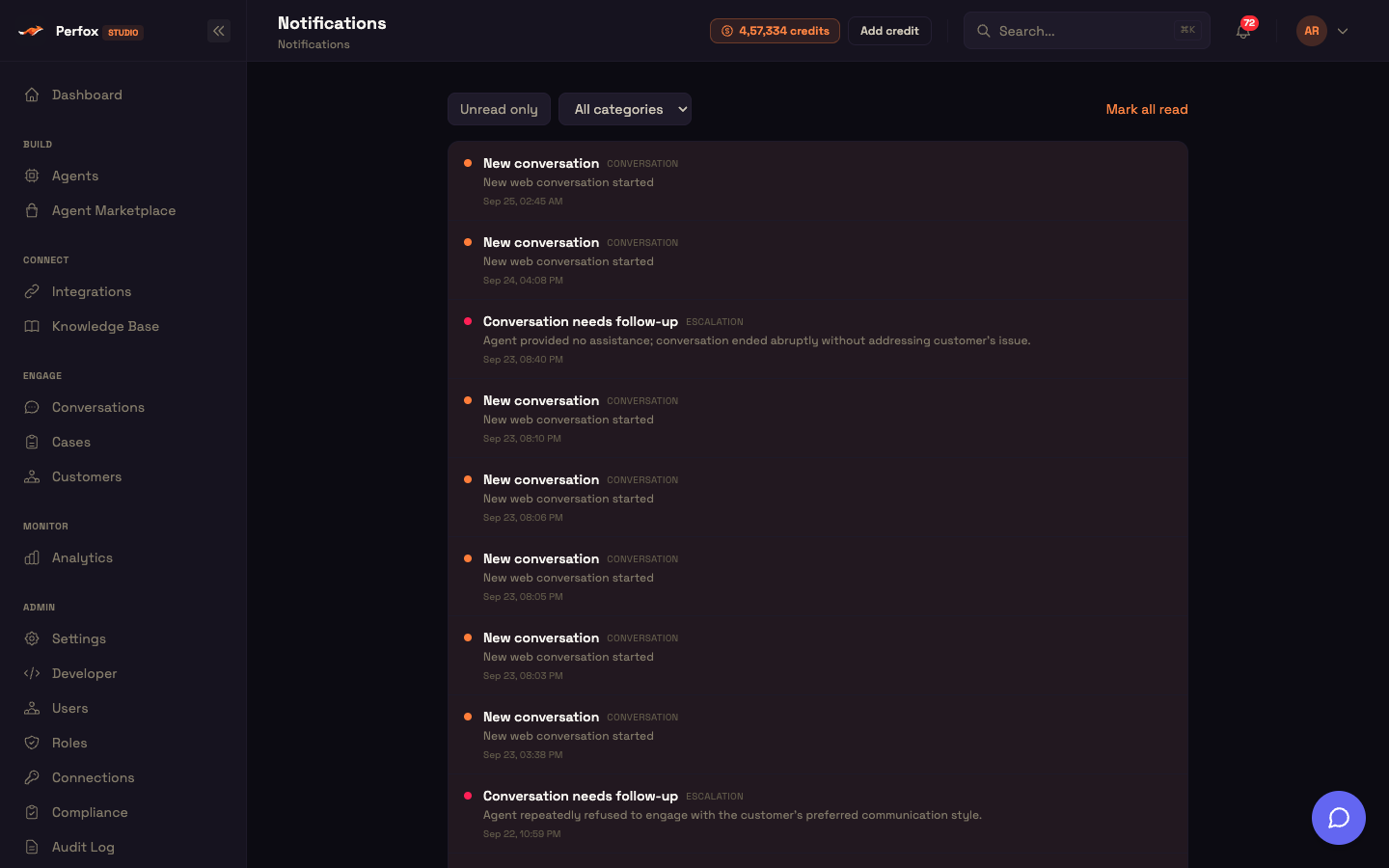 The Notifications page with the Unread only toggle and category filter