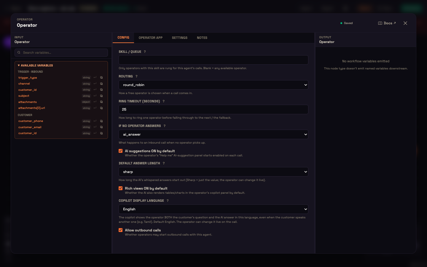 The Operator panel's Config tab: skill/queue, routing, ring timeout, fallback, and the copilot defaults.