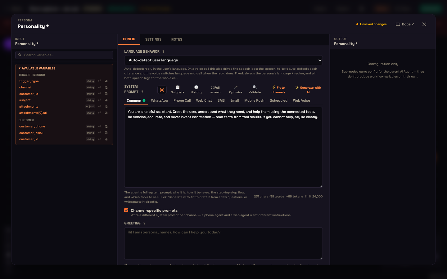 The System Prompt editor with Channel-specific prompts turned on — a Common tab plus one tab per channel.