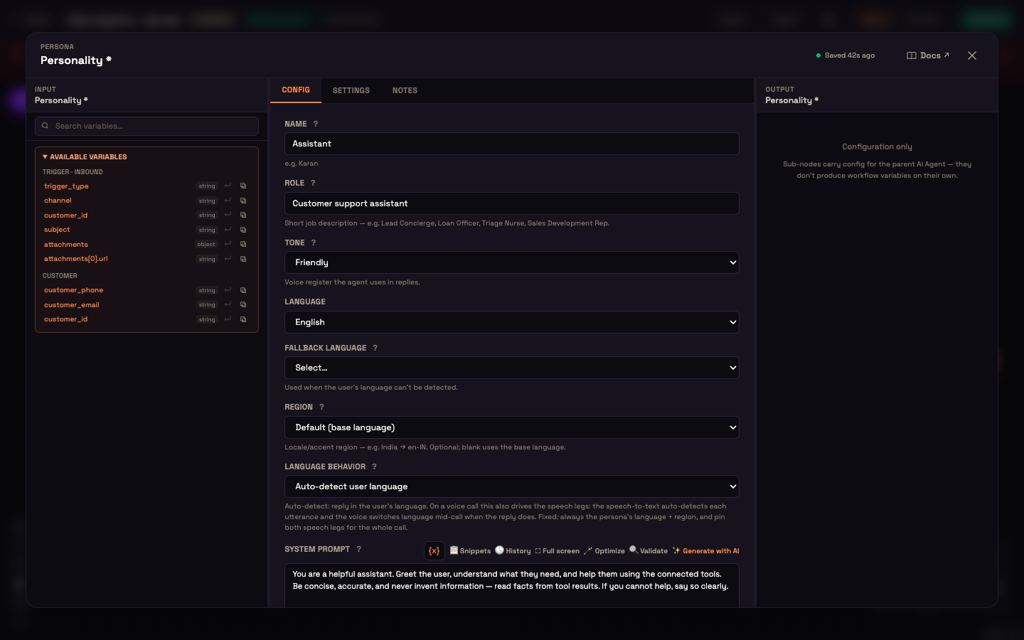 The Personality panel: Name, Role, Tone, Language, Fallback language, Region, Language behavior, and the System Prompt editor toolbar.