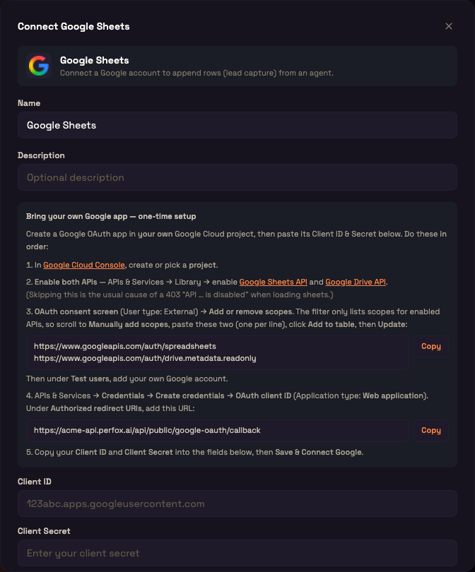 The Connect Google Sheets window with the five setup steps, the two scopes and the redirect URL to copy, and the Client ID and Client Secret fields