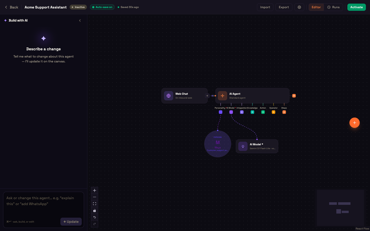 An agent on the canvas: a Web Chat trigger feeding an AI Agent, with its Personality and AI Model sub-nodes attached below.
